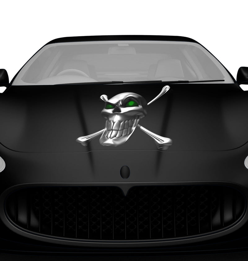 chrome skull & Bones decal on black car hood